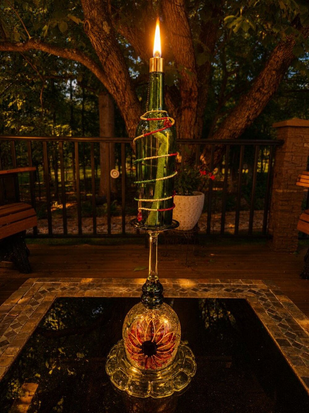 Upcycled Red Painted Flower Green Tiki Torch Beaded Accents